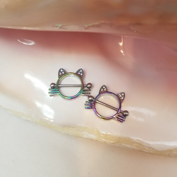 14G Cat Nipple Shield Rainbow Surgical Steel Clear CZ Gem piercing jewelry - Picture 2 of 4